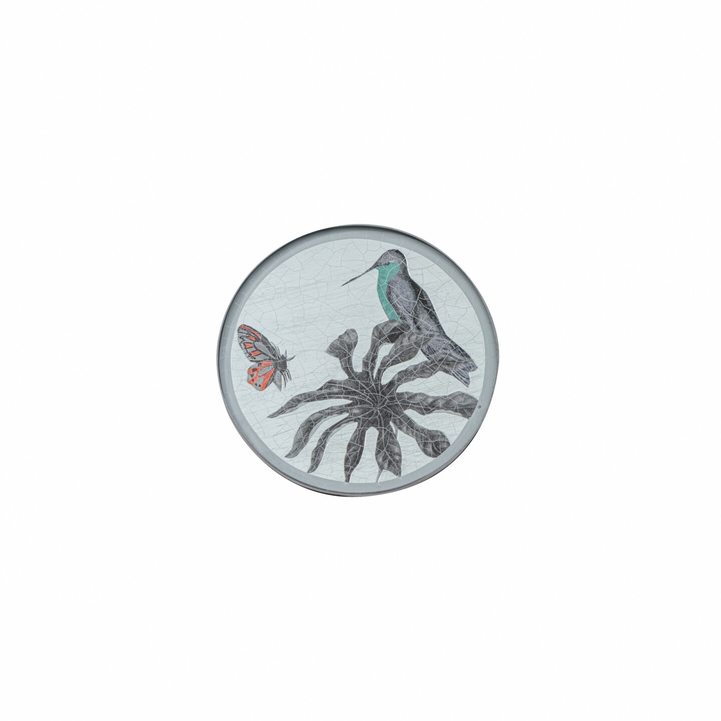 Round Coaster, Black and White Hummingbirds on silver leaf    £23