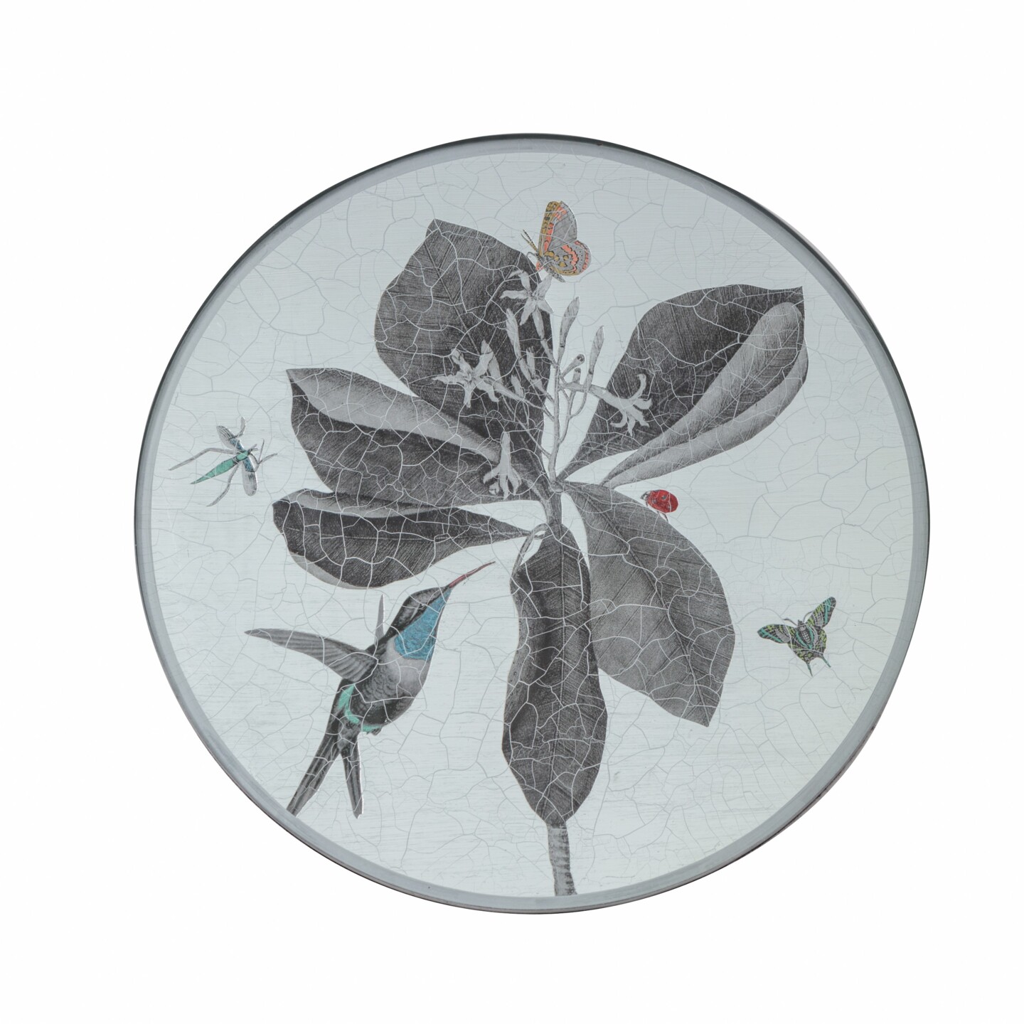 Round Tablemat, Black and White Hummingbirds on silver leaf    £45