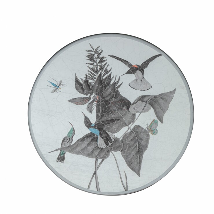 Round Tablemat, Black and White Hummingbirds on silver leaf    £45