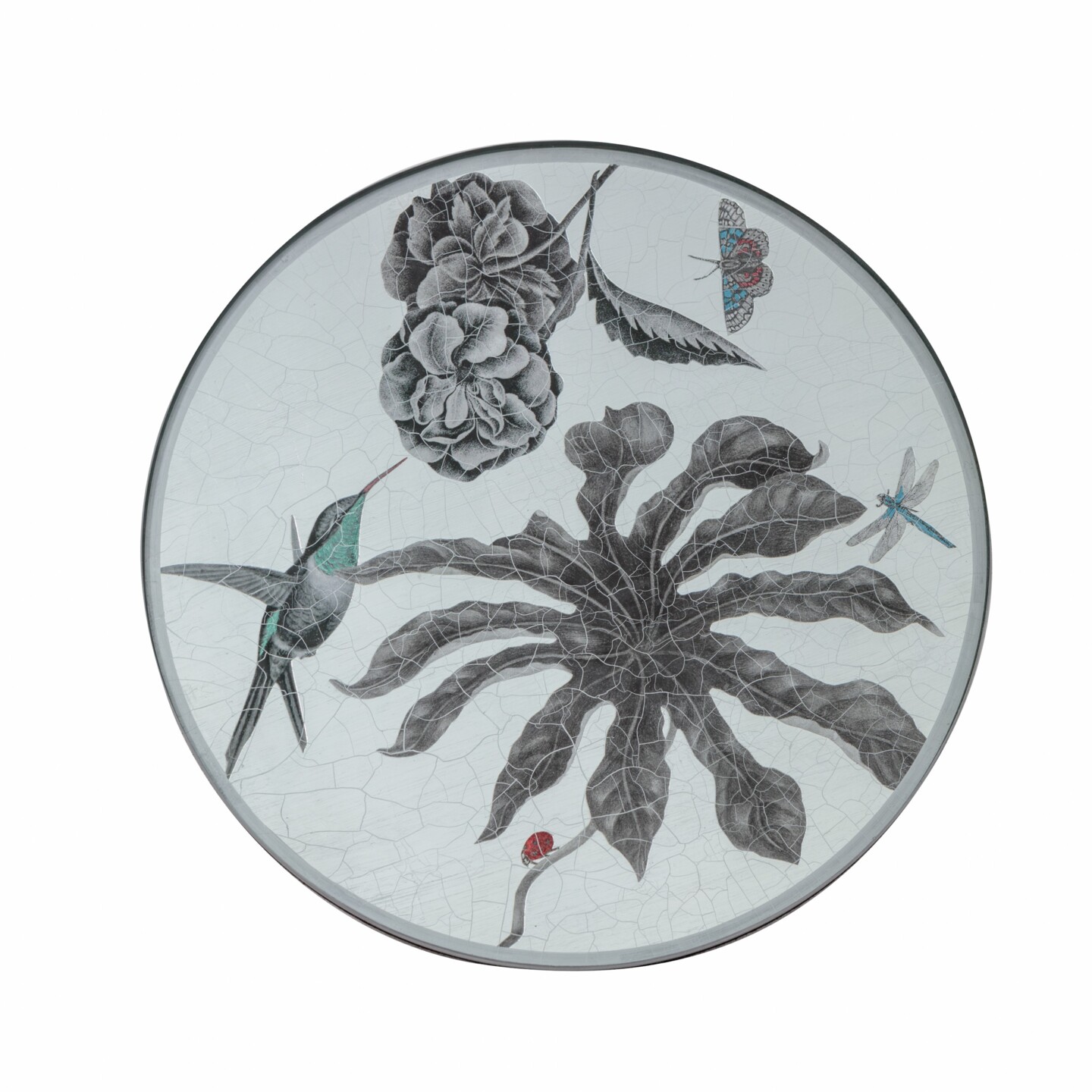 Round Tablemat, Black and White Hummingbirds on silver leaf    £45