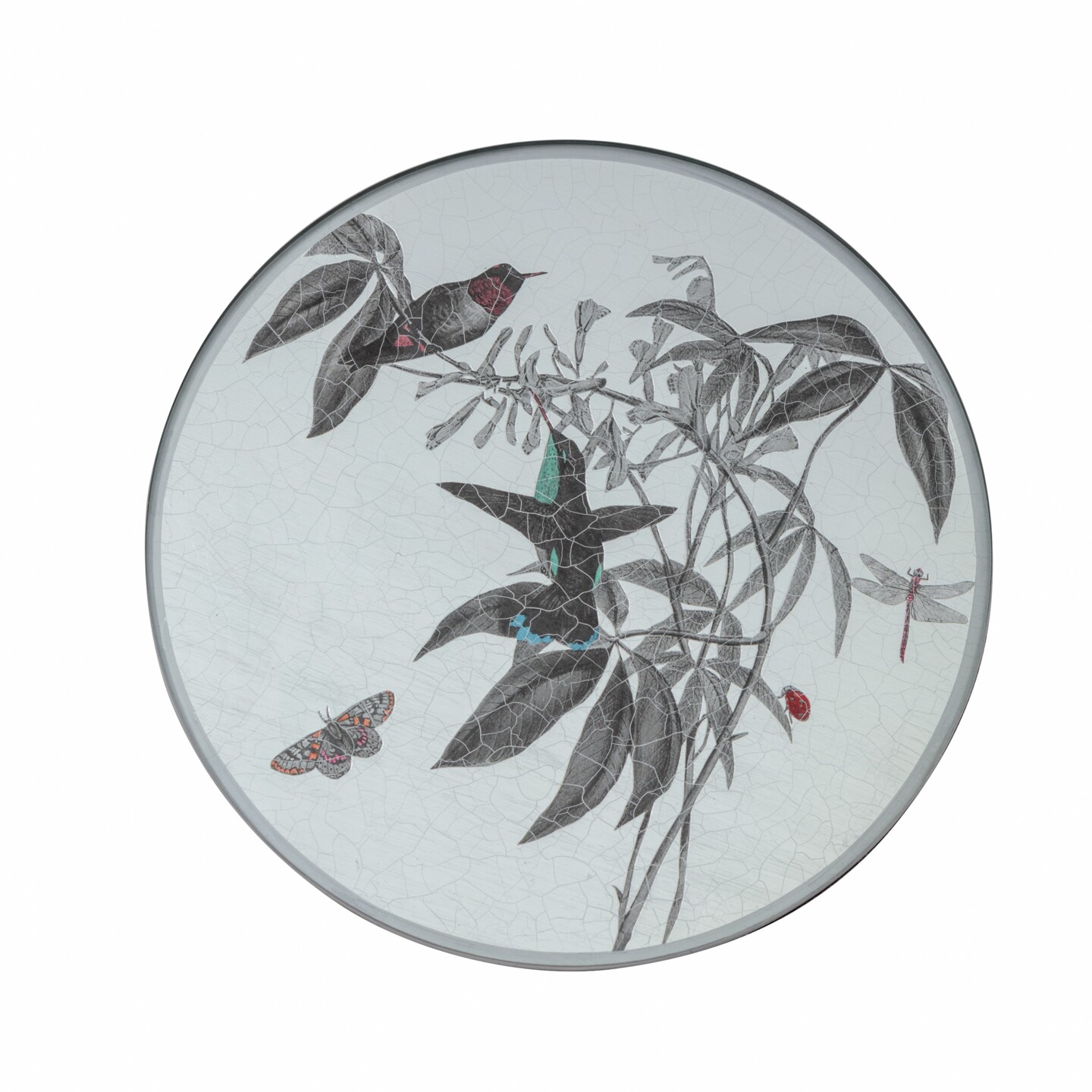 Round Tablemat, Black and White Hummingbirds on silver leaf    £45