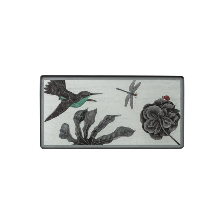 Rectangular Coaster, Black & White Hummingbird on silver leaf