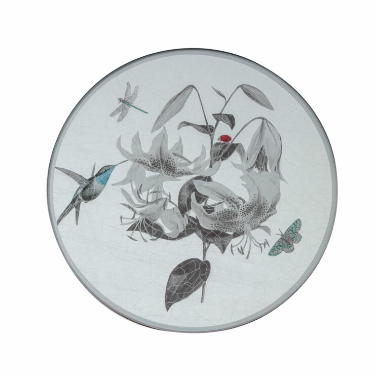 Round Tablemat, Black and White Hummingbirds on silver leaf    £45