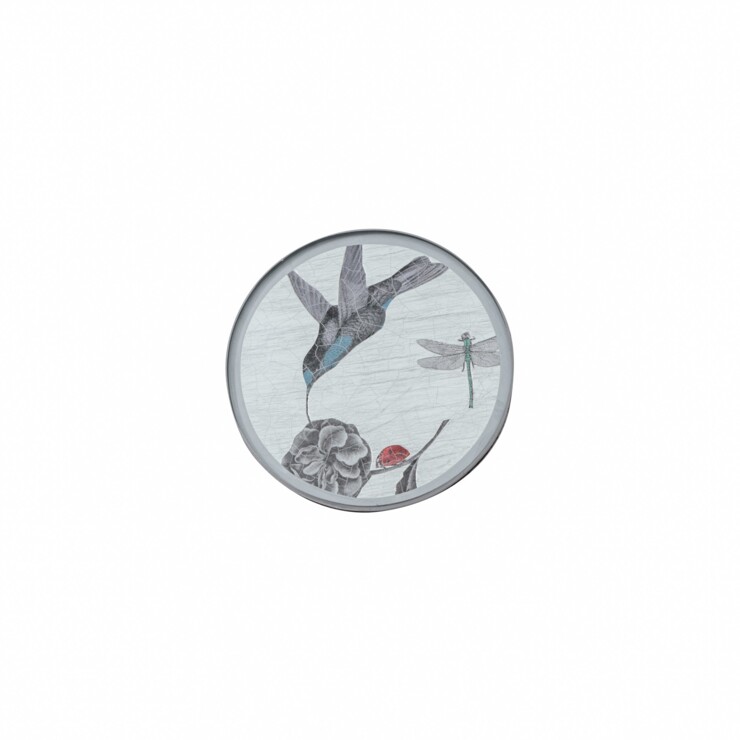 Round Coaster, Black & White hummingbird on silver leaf    £23